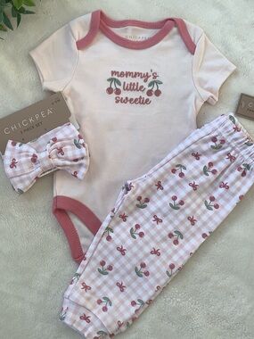 NWT Chick Pea Mommy’s Sweetie 3 pc Cherries Outfit Headband 6-9M